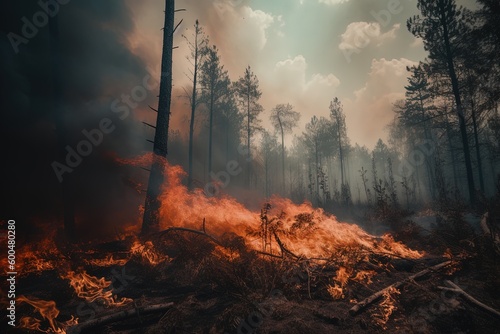 Obraz na płótnie Forest fires: a threat to our environment. Generative AI