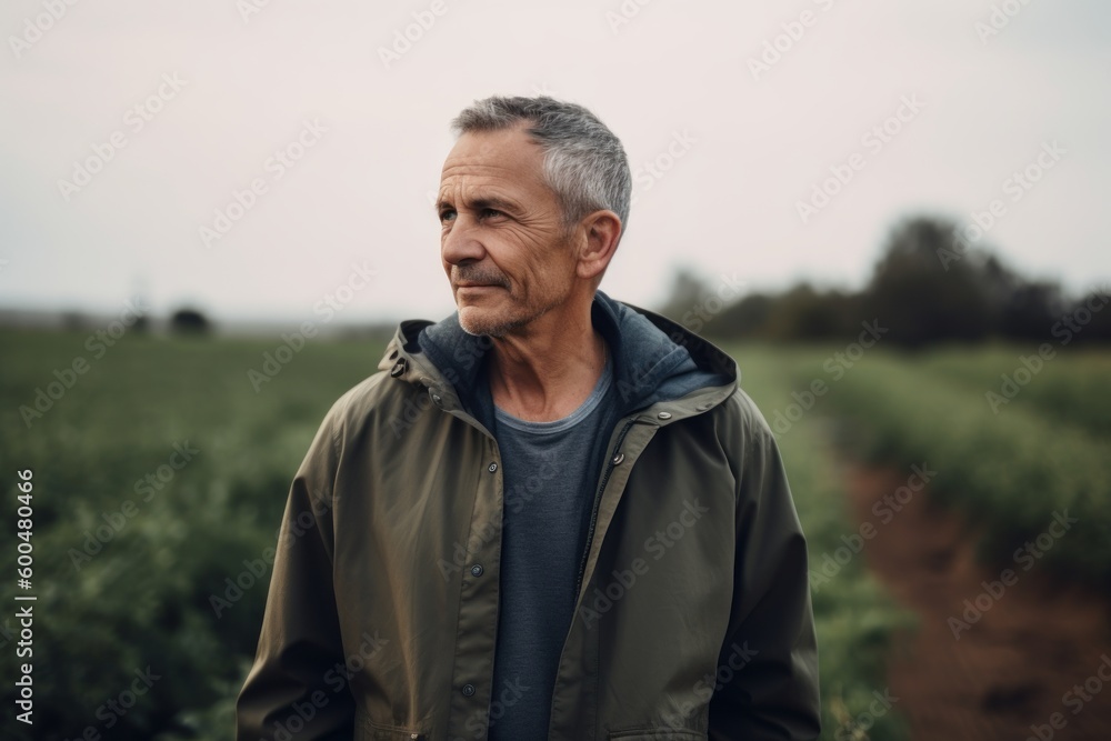 Portrait of mature farmer standing in field. Man looking at camera. Portrait of mature farmer standing in field. Man looking at camera.