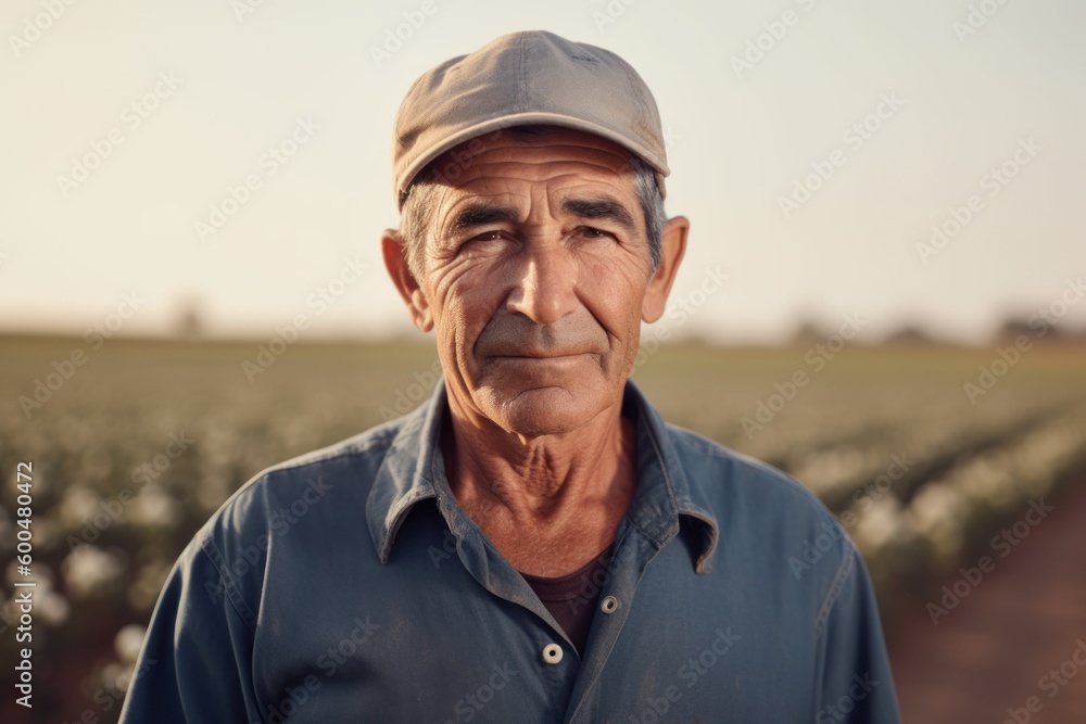 Portrait of senior farmer standing in cotton field and looking at camera Portrait of senior farmer standing in cotton field and looking at camera