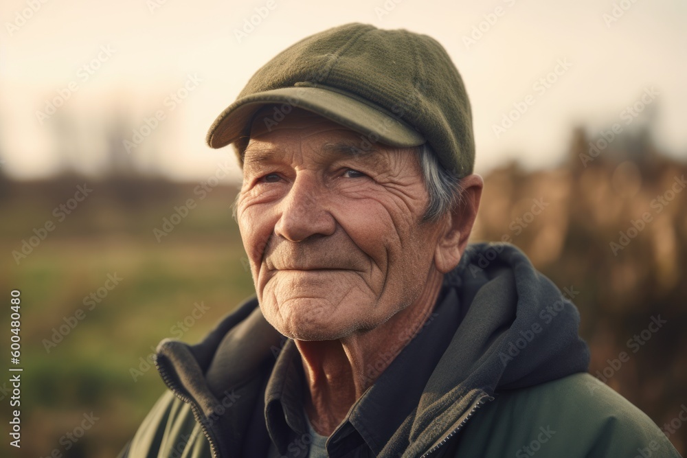 Portrait of an elderly man in a cap on a background of nature Portrait of an elderly man in a cap on a background of nature