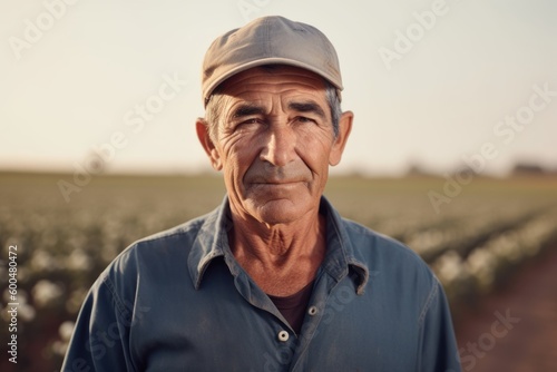 Portrait of senior farmer standing in cotton field and looking at camera