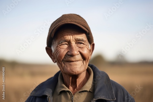 Portrait of a senior farmer in the field with his hat.