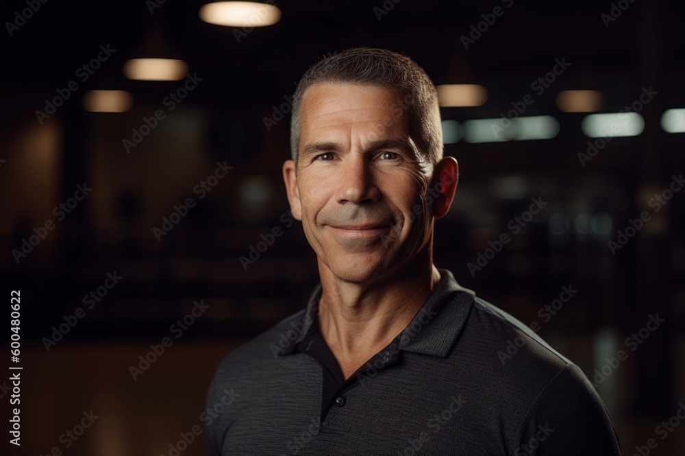 Portrait of a handsome middle-aged man smiling at the camera in the gym Portrait of a handsome middle-aged man smiling at the camera in the gym
