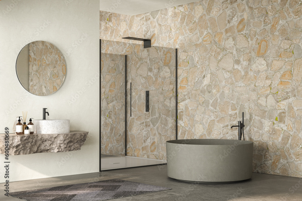 Modern bathroom featuring a natural stone countertop with an integrated sink, a round mirror, a shower cabin, a round bathtub, and a sleek concrete floor. The natural light, back yard. 3d rendering Modern bathroom featuring a natural stone countertop with an integrated sink, a round mirror, a shower cabin, a round bathtub, and a sleek concrete floor. The natural light, back yard. 3d rendering
