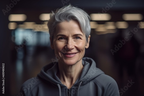 Portrait of happy senior woman in sportswear looking at camera