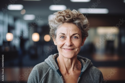 Portrait of senior woman smiling at camera in fitness studio  copy space