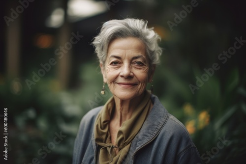 Portrait of a smiling senior woman with grey hair in the garden