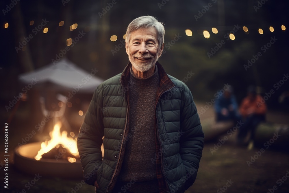 Portrait of a happy senior man standing in front of a campfire