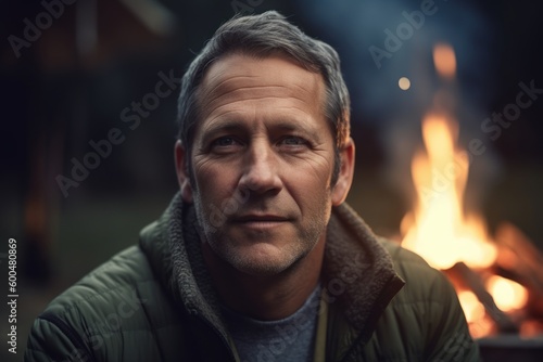 Portrait of a middle-aged man in front of a campfire