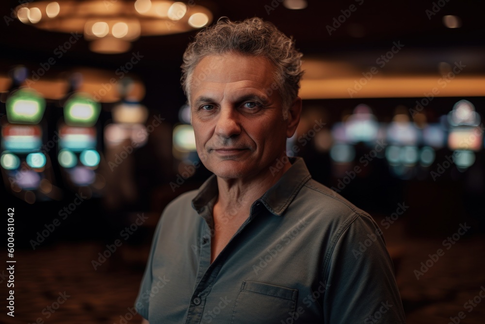 Portrait of mature man looking at camera while standing in casino.