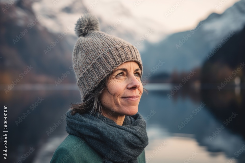 Portrait of a middle-aged woman in a knitted hat and scarf on the background of a mountain lake. Portrait of a middle-aged woman in a knitted hat and scarf on the background of a mountain lake.