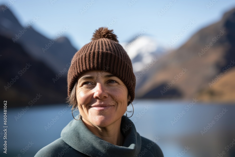 Portrait of a smiling woman in front of a lake in the mountains