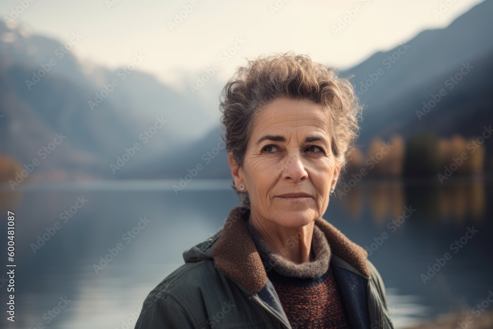 Fototapeta premium Mature woman in autumnal alpine landscape looking at camera.