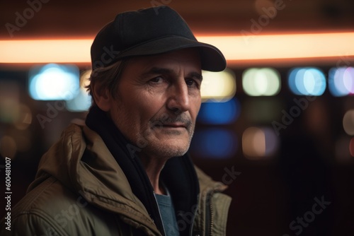 Portrait of an elderly man in a cap in the city at night