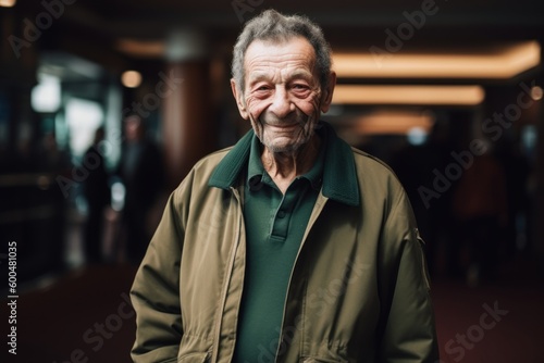 Portrait of a senior man in a green jacket in a cafe