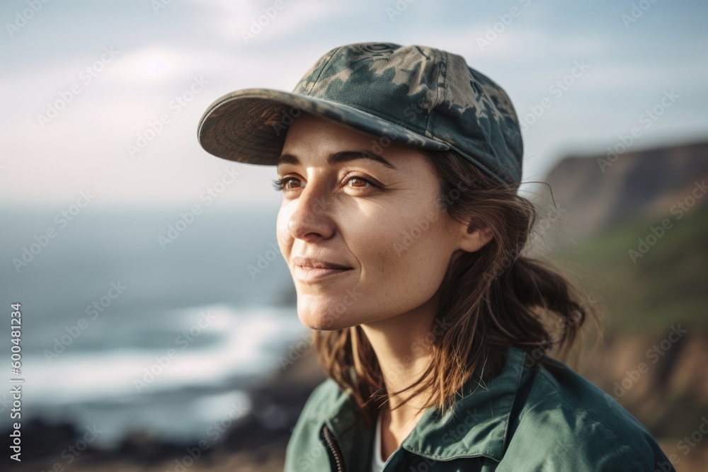Portrait of a beautiful girl in a cap on the background of the sea Portrait of a beautiful girl in a cap on the background of the sea