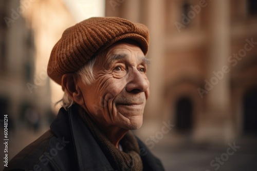Portrait of an elderly man with a hat on his head in the city