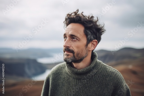 Portrait of a handsome bearded man in a green sweater against the background of a mountain landscape.