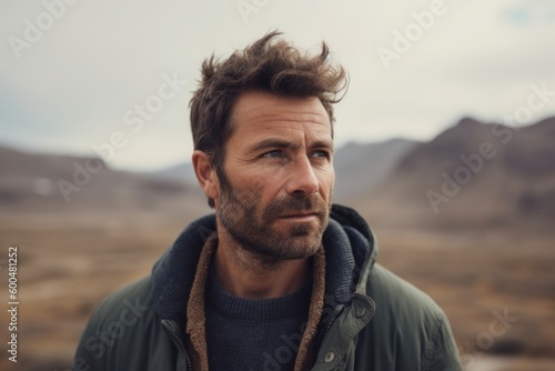 Portrait of handsome man with beard looking away while standing outdoors in desert