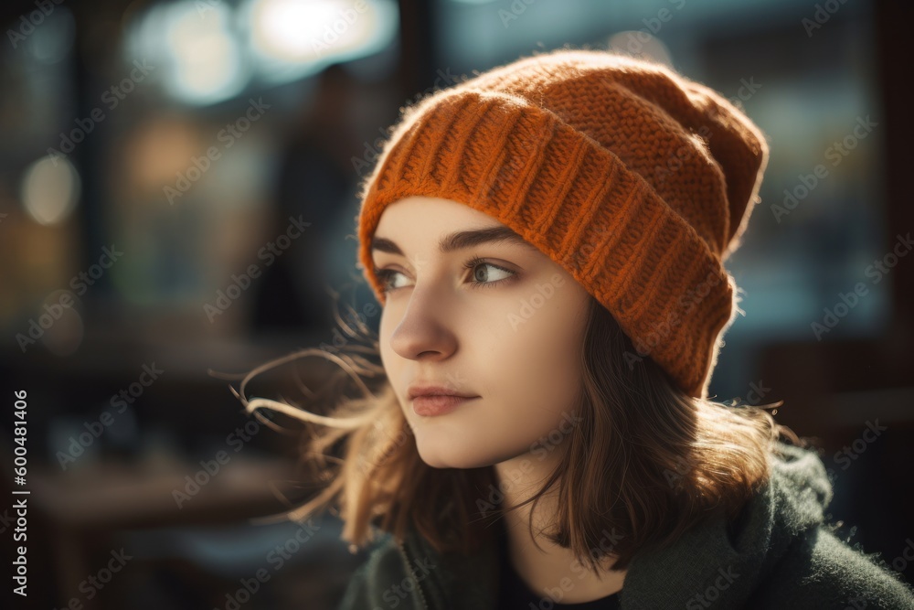 Portrait of a beautiful young woman in a warm knitted hat. Portrait of a beautiful young woman in a warm knitted hat.
