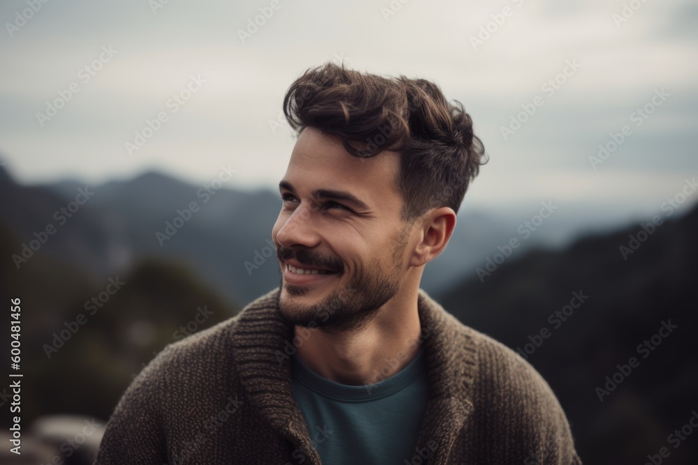 Portrait of a handsome young man smiling and looking away in the mountains Portrait of a handsome young man smiling and looking away in the mountains