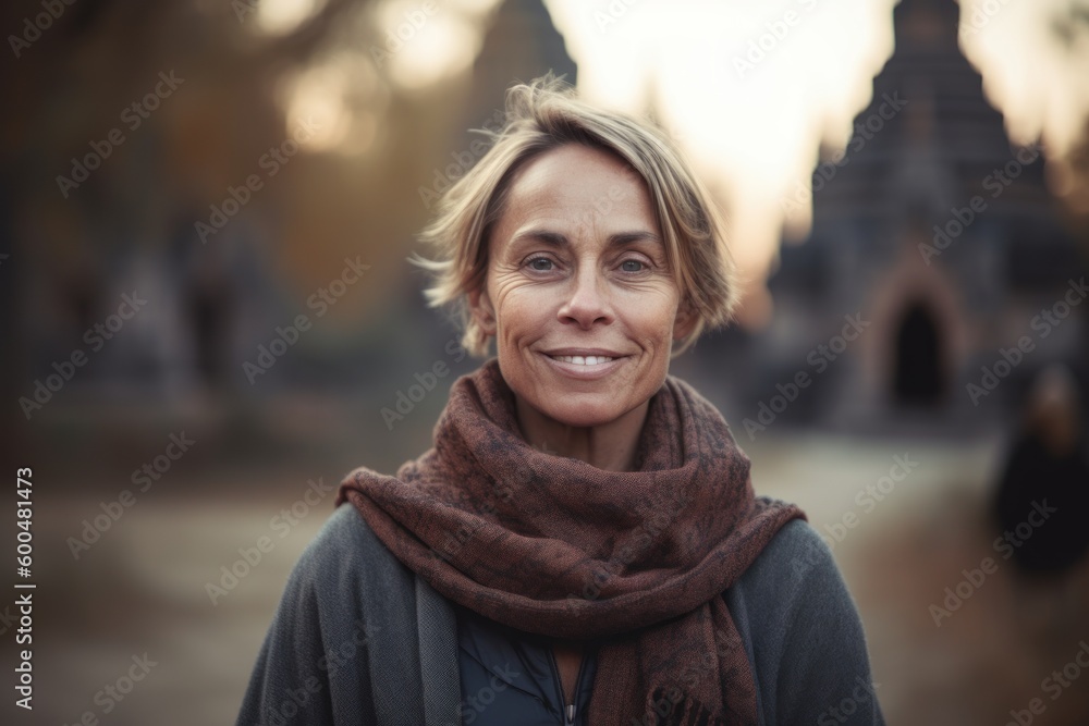 Portrait of smiling middle-aged woman with brown scarf in the city Portrait of smiling middle-aged woman with brown scarf in the city