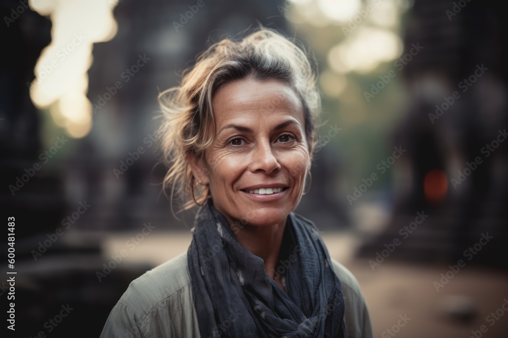 Portrait of a smiling mature woman standing in front of an ancient temple Portrait of a smiling mature woman standing in front of an ancient temple