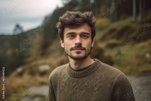 Portrait of a young handsome man in a green sweater standing on a mountain path