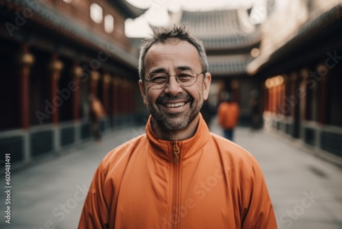 Portrait of a smiling man in a orange raincoat and glasses.