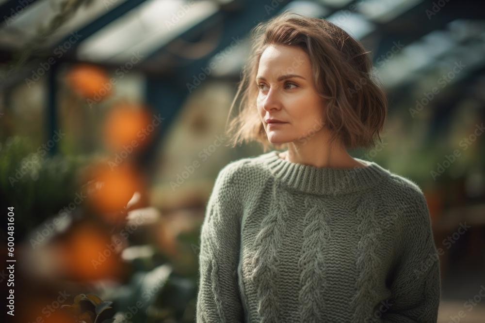 Portrait of a beautiful young woman in a knitted sweater in a greenhouse.