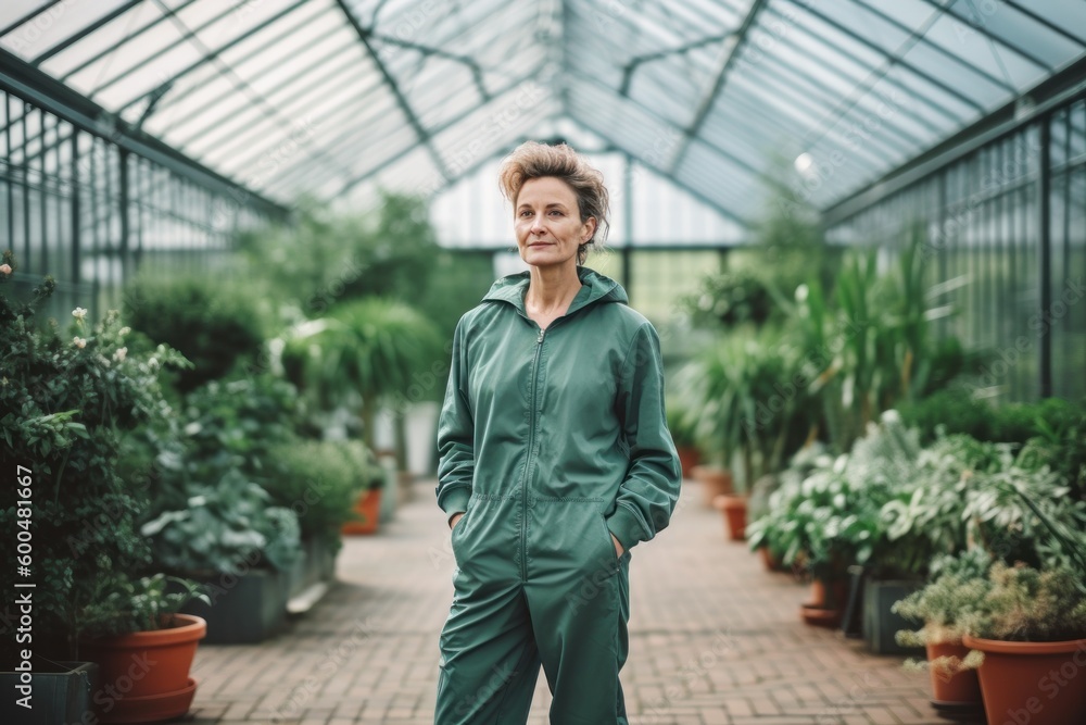 Portrait of mature woman in green overalls standing in greenhouse. Portrait of mature woman in green overalls standing in greenhouse.