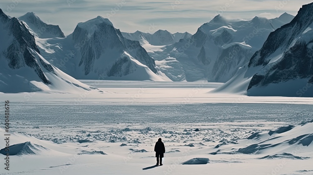 Fototapeta premium Man overlooking snow covered glacier in Antarctica. Generative AI