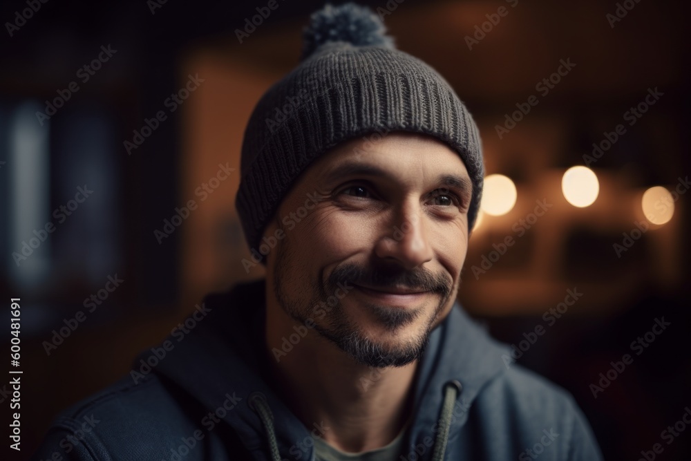 Portrait of a smiling man in a hat in a cafe. Portrait of a smiling man in a hat in a cafe.