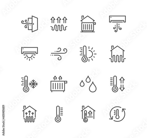 Set of house heating related icons, heat supply, heating boiler, water heater, gas and electric heating and linear variety vectors.