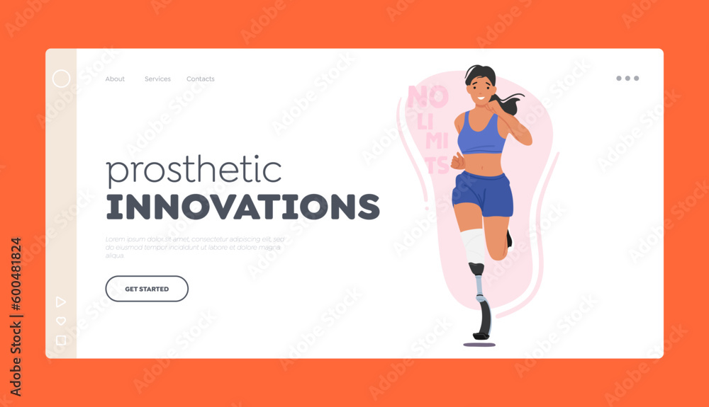 Prosthetic Innovations Landing Page Template. Athletic Woman Character With Leg Prosthesis Running On A Track