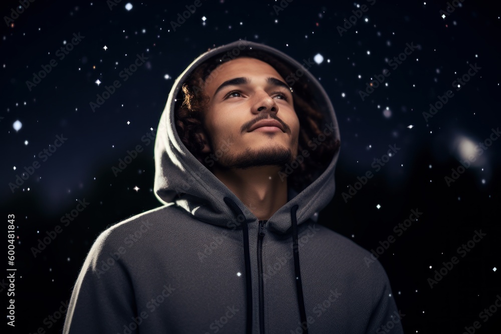 Portrait of a handsome young man in a hoodie on a winter night.