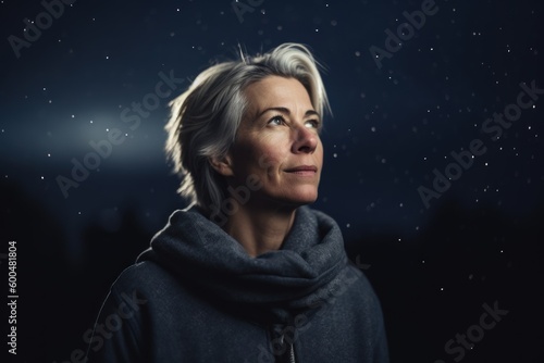 Portrait of a beautiful middle-aged woman in a dark forest at night