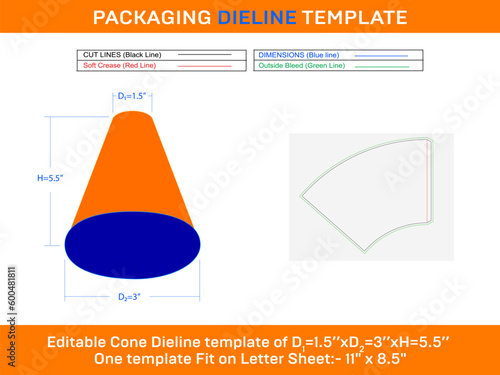 Cone Ice cream D1 1.5xD2 3xH 5.5 inch Dieline