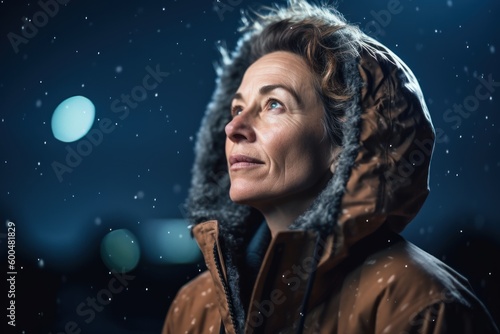 Portrait of a woman in a winter jacket against the background of night sky.