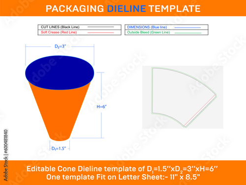 Cone Ice cream D1 1.5xD2 3xH 6 inch Dieline Template photo