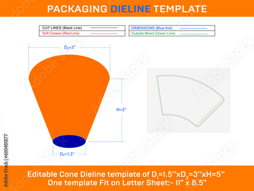 Cones Ice cream Dieline Template D1 1.5xD2 3xH 5 inch