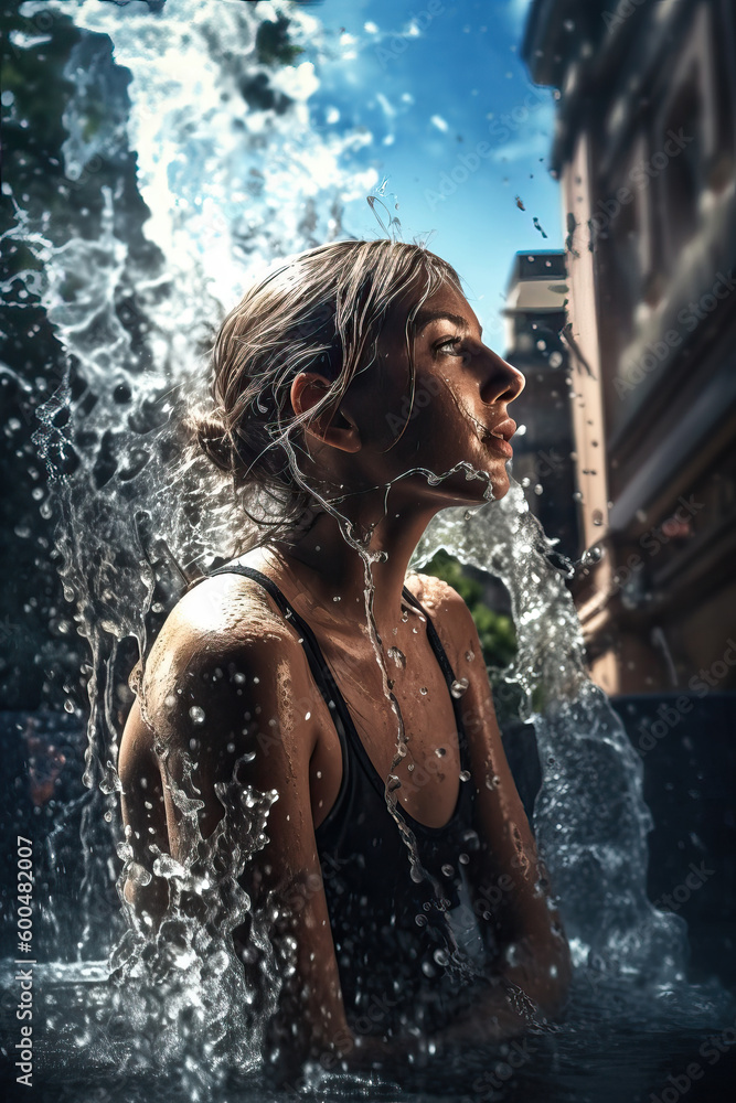  Hot in the city after global warming and climate weather change - young teenage urban female cooling herself in fountain water splashes, generative AI