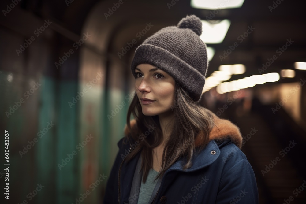 Young woman in a subway station, wearing a hat and coat. Young woman in a subway station, wearing a hat and coat.