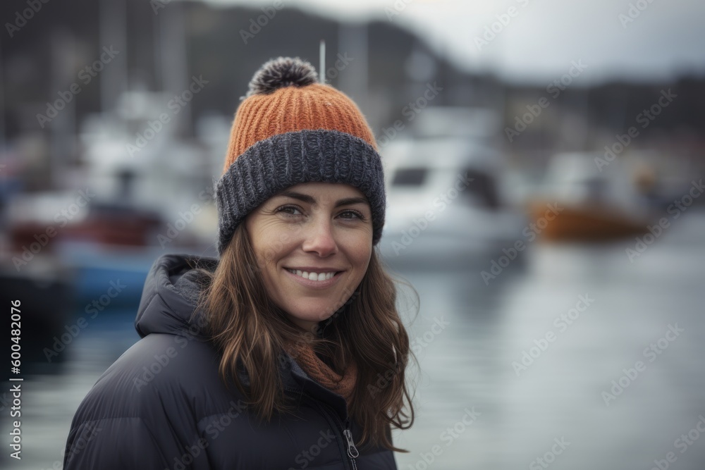 Portrait of smiling woman wearing hat and jacket standing in marina