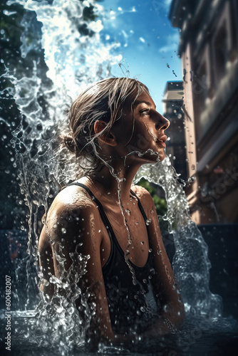  Hot in the city after global warming and climate weather change - young teenage urban female cooling herself in fountain water splashes  generative AI