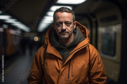 Portrait of a mature man with a hooded jacket in the subway
