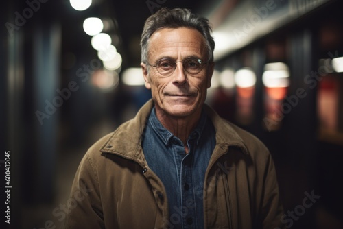 Portrait of senior man standing in subway train station, looking at camera.