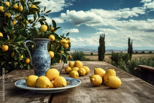 Citrus Delight. Lush beauty of lemon trees, their vibrant lemons arranged on a table with space to promote product ad. Copy space. Freshly squeezed goodness AI Generative