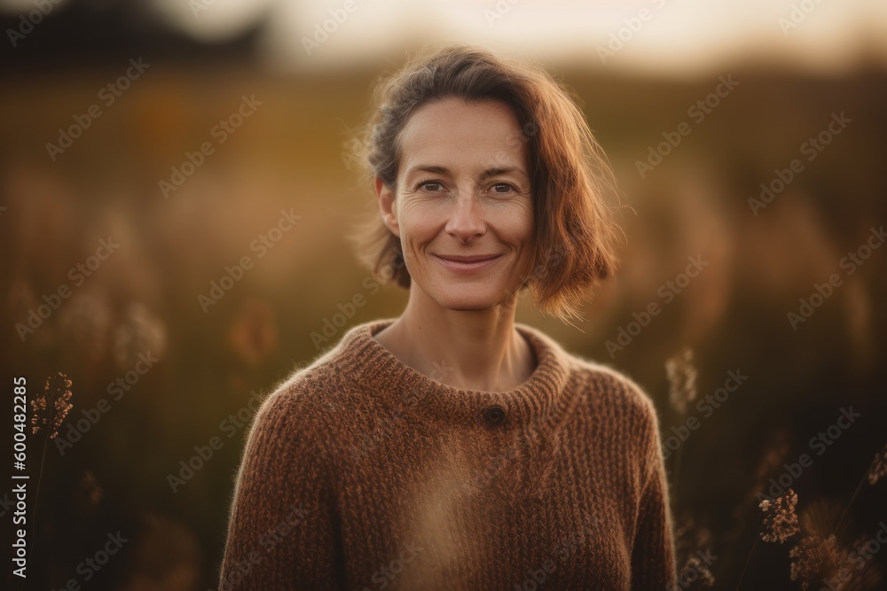 Portrait of a beautiful woman in a warm sweater on a field at sunset Portrait of a beautiful woman in a warm sweater on a field at sunset