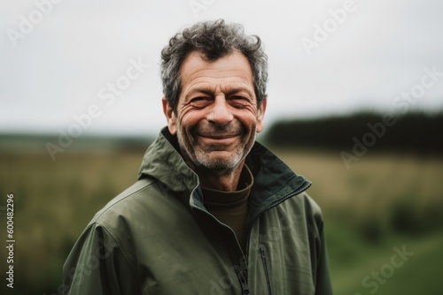 Portrait of happy senior man looking at camera while standing in field